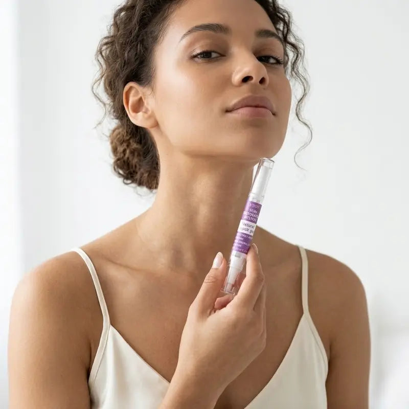 Woman holding VBBV Skin Restoration System pen near her neck