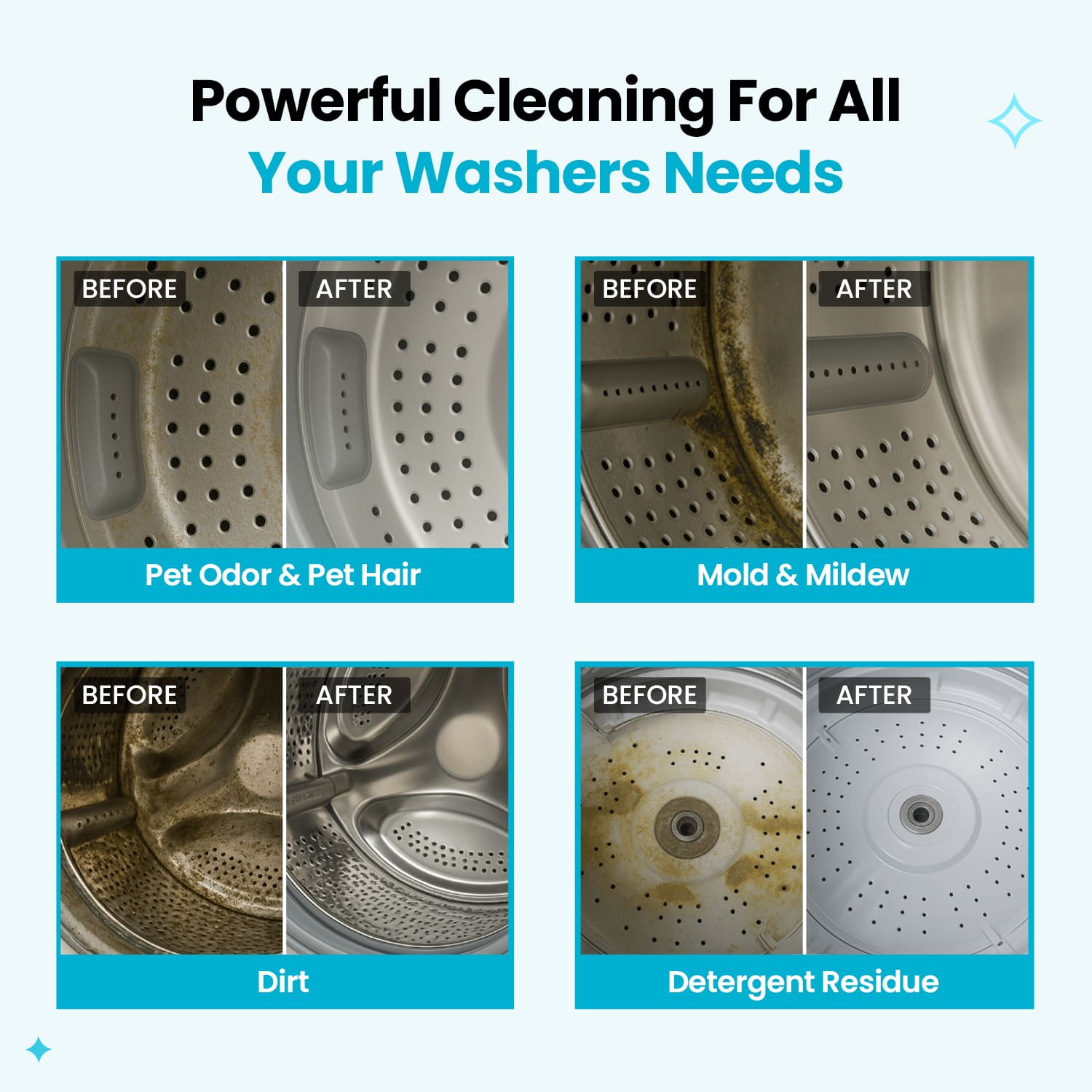 Before and after washer cleaning examples for residue and buildup
