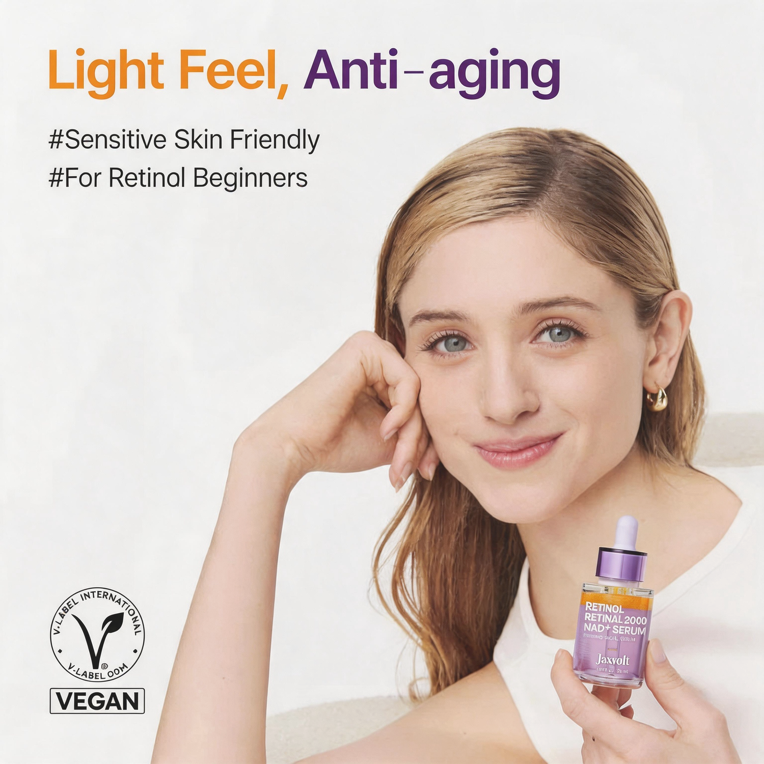 Model holding Purito Retinol Retinal 2000 NAD+ Serum with light feel anti-aging message