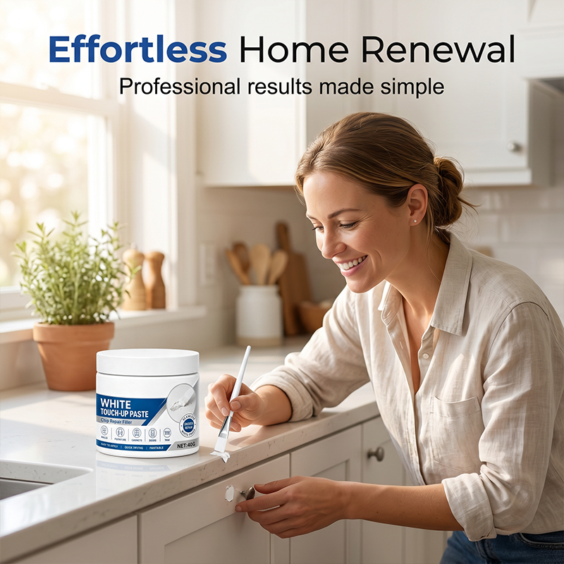 Homeowner using White Touch-Up Paste on a white cabinet