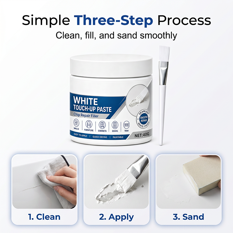 Three-step White Touch-Up Paste application process: clean, apply, and sand