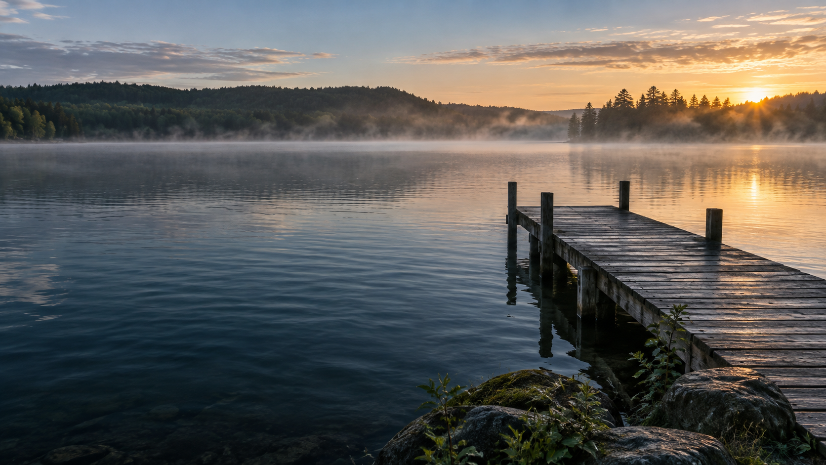 Illustrative lakeside scene with a wooden jetty at sunrise
